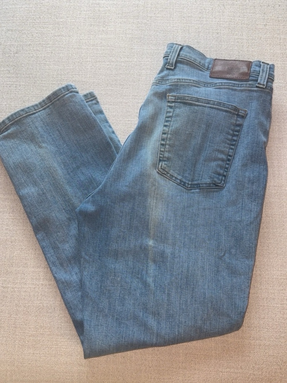 L.L. Bean Men's Straight Jeans in Medium Blue with Brown Patch